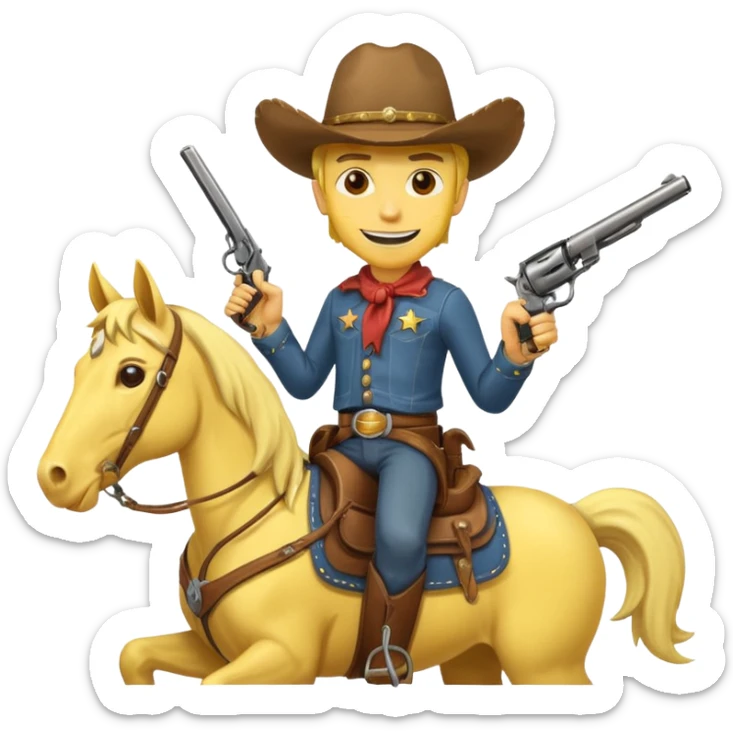 Cowboy riding a horse with revolver. Cowboy With yellow skin and smilling. I mean the face should yellow like mustard color. Simplize it and I need a full pic with horse. Like I need the leg part too sticker