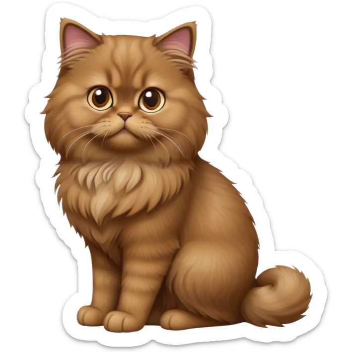 cinematic-[brown persian cat]-realistic-full-body-sitting-emoji,-tail-curled-playfully-around-its-paws,-head-tilted-dramatically,-fluffy-[brown]-fur,-simplified-yet-realistic-focused-features,-highly-detailed,-glowing-with-an-almost-sarcastic-glow sticker
