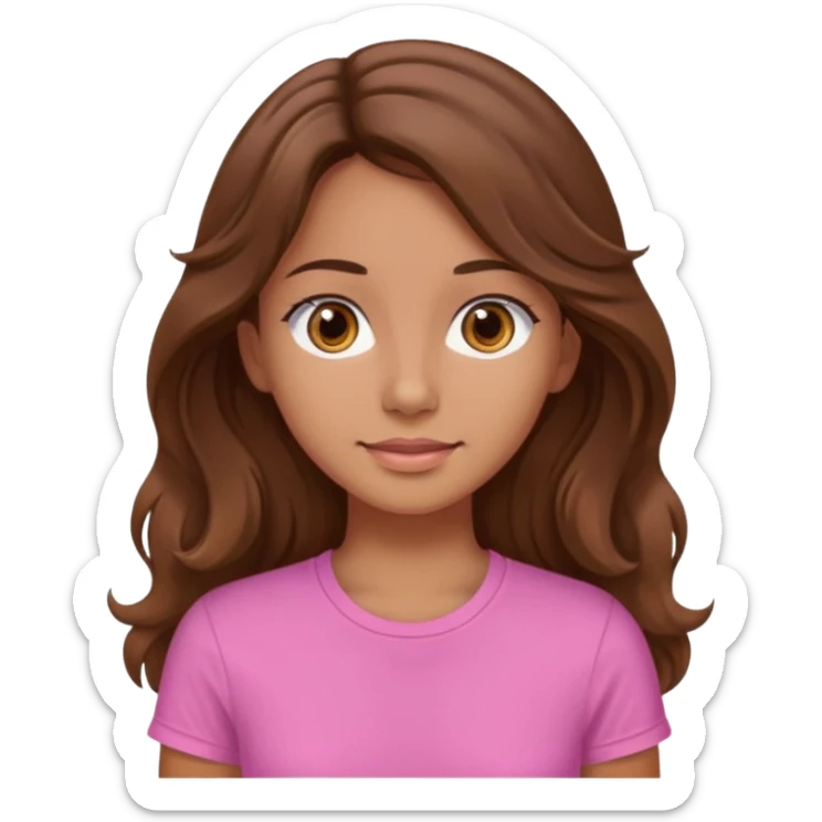 A pretty girl with tan skin and long wavy hair, wearing a pink basic shirt with brown eyes sticker