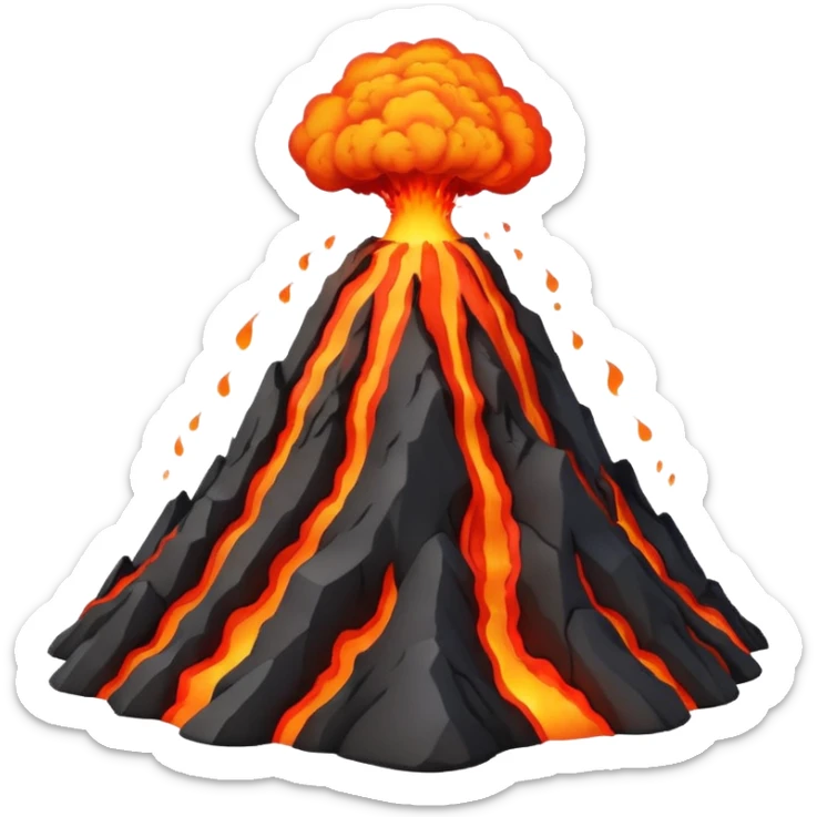 Apple-style 3D emoji of an erupting volcano, dark rocky mountain with a bright red lava flow and glowing orange eruption at the top, some smoke coming out, colorful and cartoonish but realistic enough, no background sticker