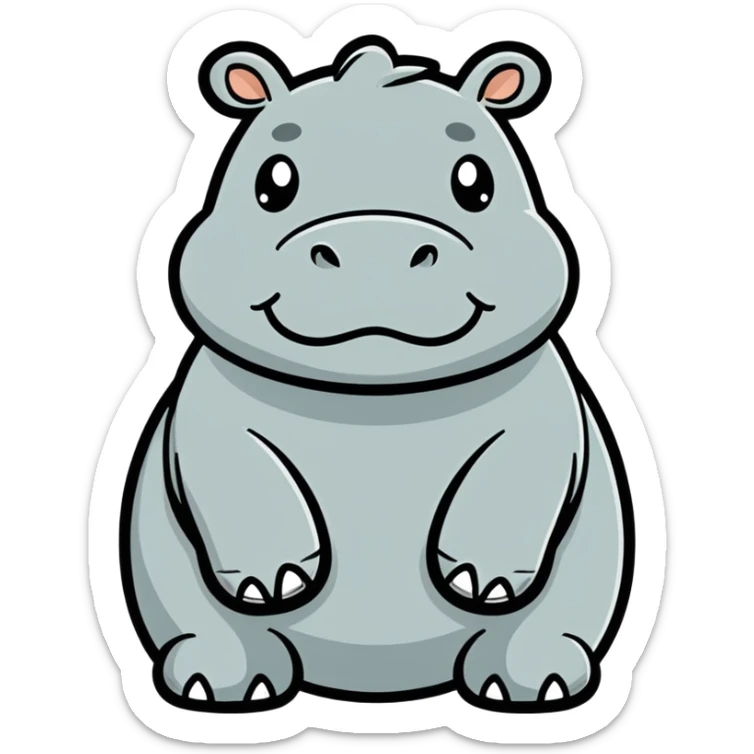 hippopotamus emoticon in Kakao style, bright gray color, cute and simple expression, yellow background, bold outline sticker