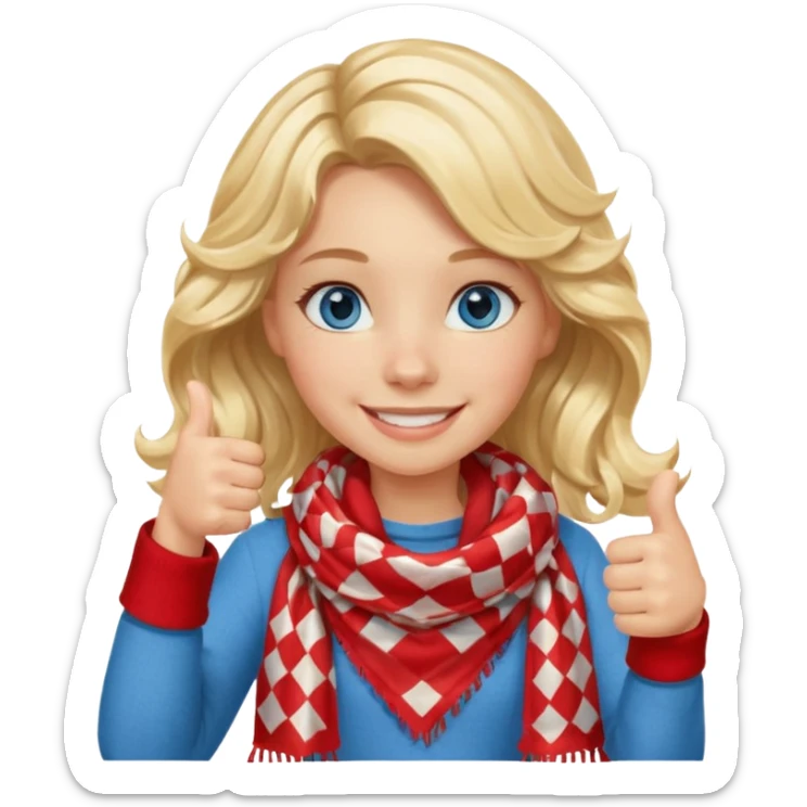 Blonde Girl, Blue Eyes, wavy hair, smiling, thumbs up, wearing red Checkered Triangle scarf sticker