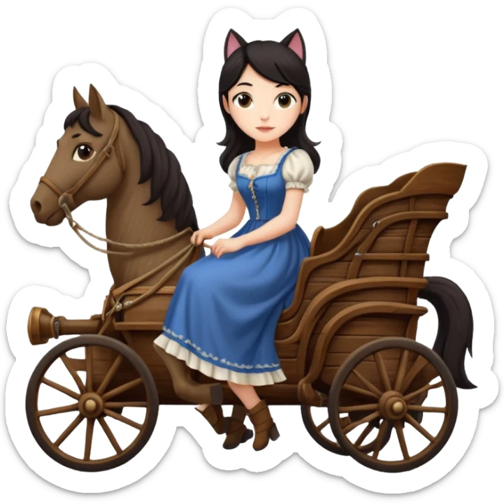  Rustic wood detailed 1854 pretty dark-haired Catgirl driving a huge horse drawn Caravan alone on a romantic trail in the woods  sticker