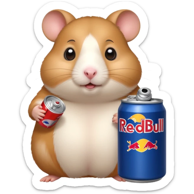 Funny cartoon-style fat hamster wide eyed with a can of redbull sticker
