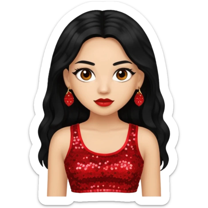 Jade from Bratz with long black hair, light skin, brown eyes, red sequin crop top sticker