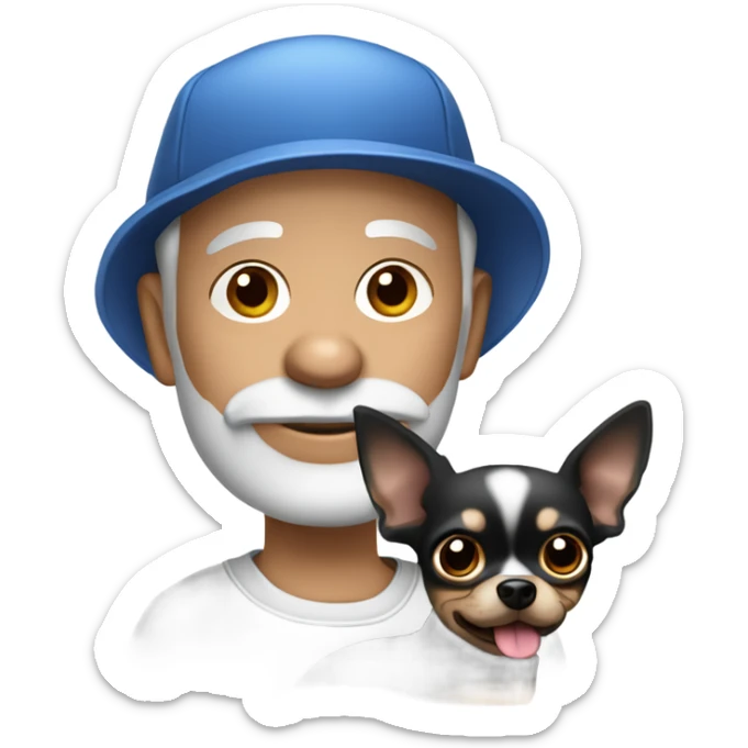 Old man with blue eyes and gray goatee in ball cap holding black long haired chihuahua  sticker