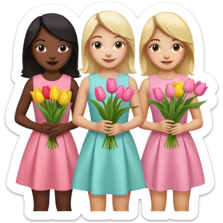 5 girls at a garden party wearing pastel dresses and holding tulips, one is black one is blond, one is asian, one is latina sticker