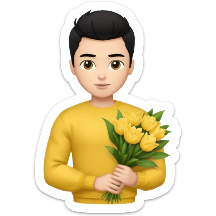 a pretty bratz guy carrying a bouquet and a yellow sweater. Muscled. black hair sticker