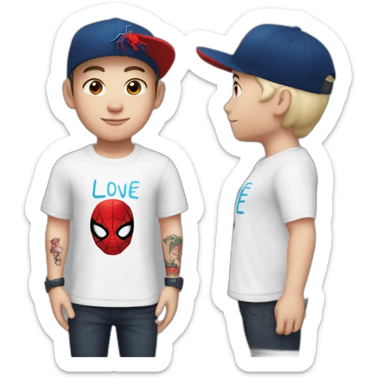 white-skinned boy, with a spiderman t-shirt, a tattoo on his neck that says love in Chinese, who has a black cap with a redbull logo, and with a ring in his eyebrow sticker
