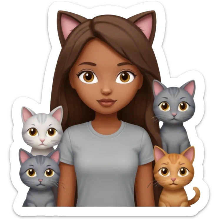 a pretty bratz dusky girl with long brown hair with six cats nd wearing a grey tshirt sticker
