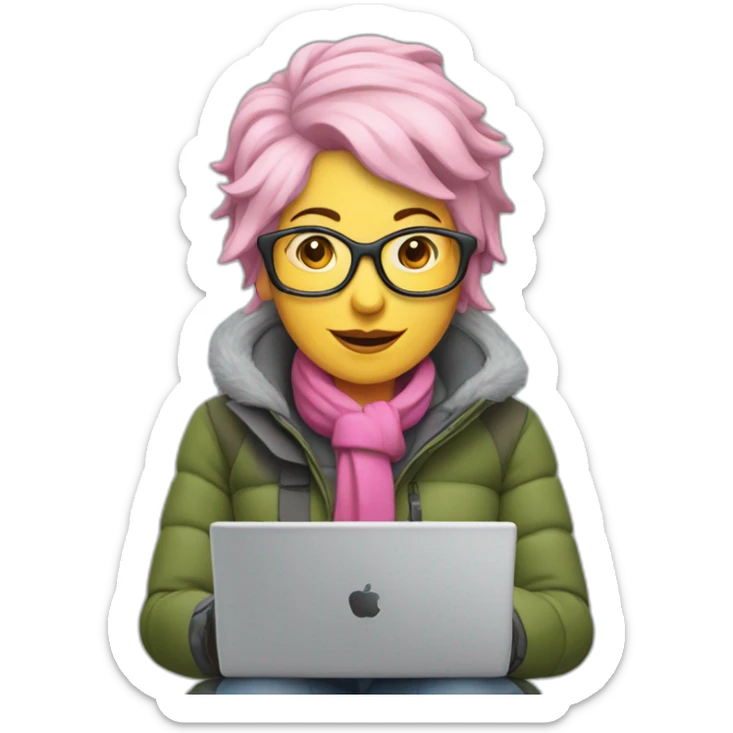 Middle aged woman with pink Hair with Grey laptop and skis sticker