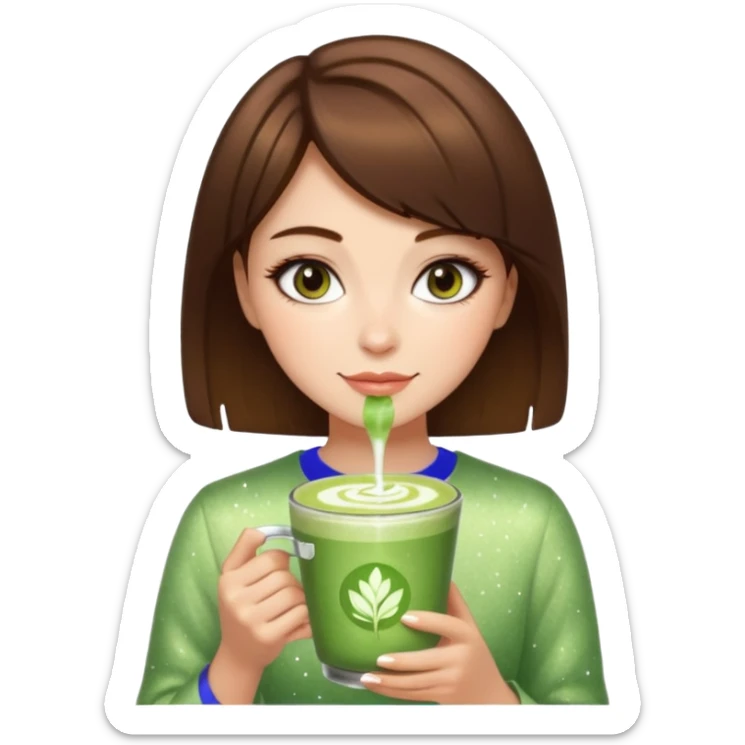 pink soft girl aesthetic short brown hair girl makeup, skincaRE, SPARKLES, AND MATCHA LATTE sticker