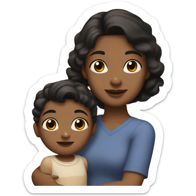 Girl with black hair on her shoulders, round eyes and dark browns, with a headband and a little hair on her forehead, holding a two-year-old boy in her arms, half brown and light brown eyes and wavy with half brown blond hair sticker