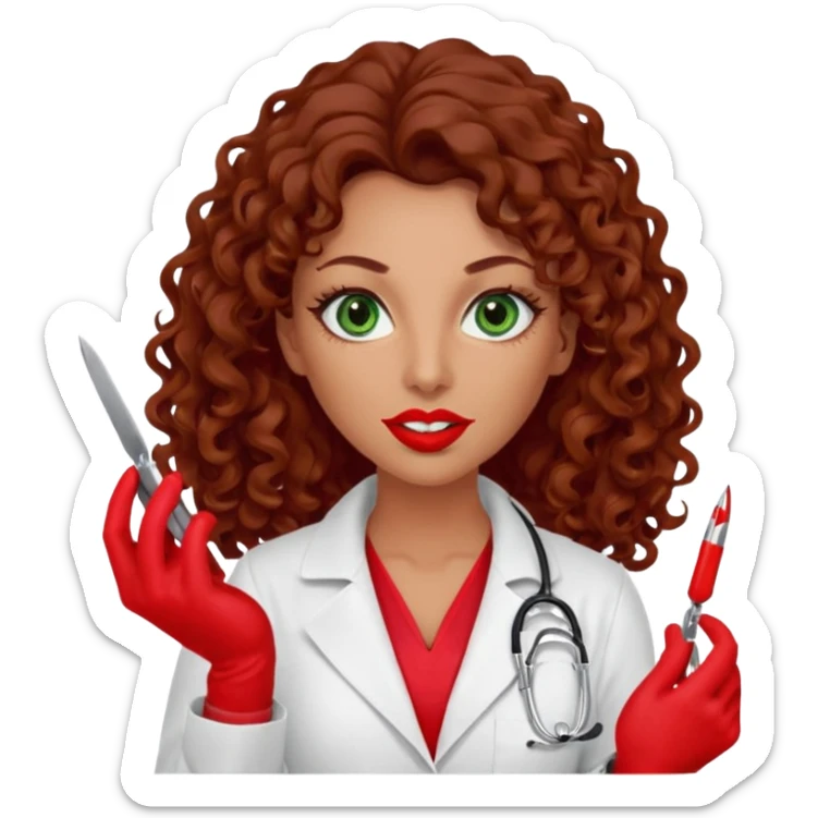 Lilith symbol sexy evil woman. She has green eyes.  had brown long curly hair.  evil surgeon kills with scalpel wears red sexy doctor coat with red mouth cover red gloves. Covers nose, neck  and mouth with Muslim red berka sticker