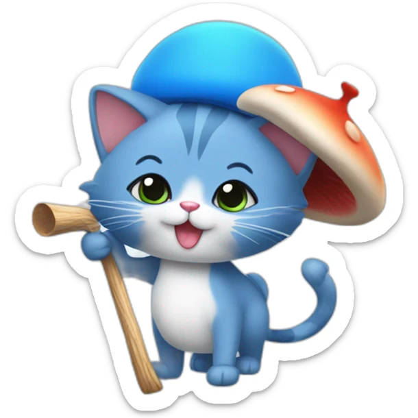  Cute Blue Cat NO ears wearing a mushroom cap carrying a stick in one arm sticker