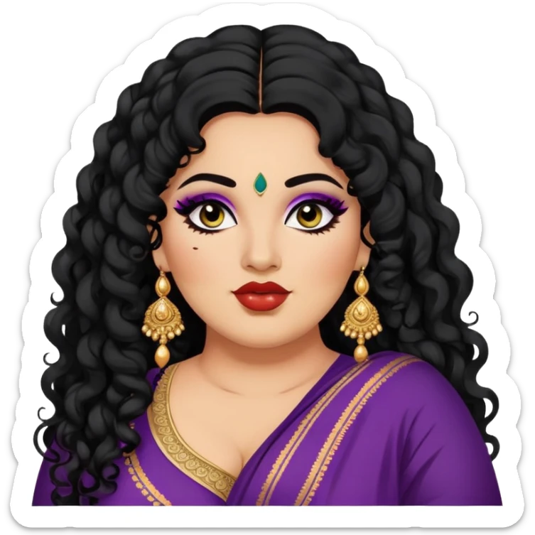 big plus size, medium skin, long black curly hair, baddie,pretty, makeup, lipgloss, black eyeliner, loose dupatta, indian
 sticker