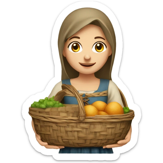 medieval market caucasian femal young girl visitor with a basket sticker