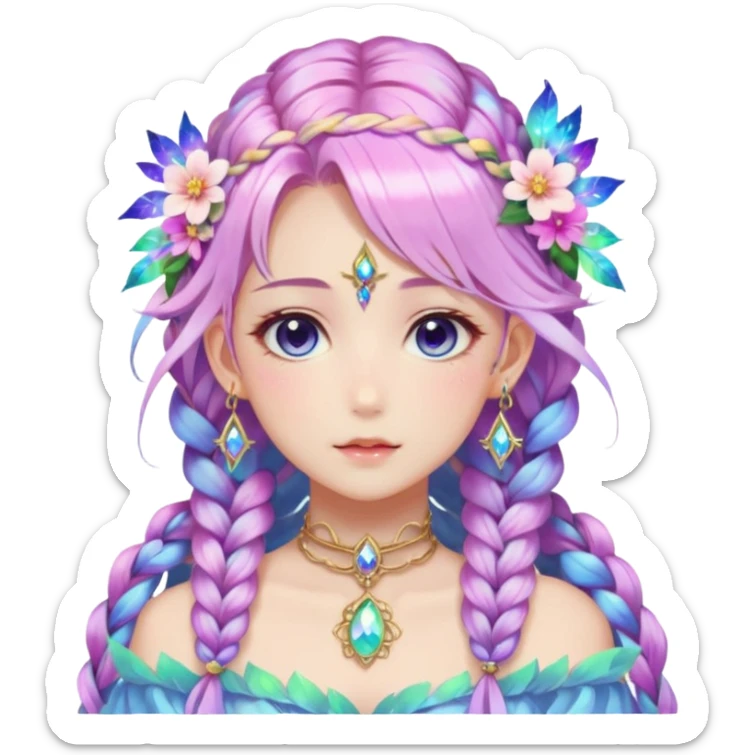 Beautiful gorgeous anime lady with beautiful iridescent-nebula-braided-hair, fashion aesthetic, ethereal, fairycore, pastelcore, feather, flowers, gems, accessories, jewelries, gold, colorful sticker