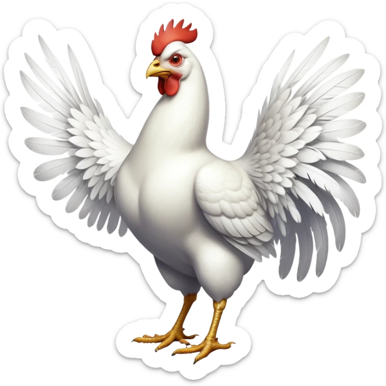 cinematic-[white chicken]-realistic-full-body-perched-emoji,-wings-tucked-neatly,-head-tilted-dramatically,-sleek-[white]-feathers,-simplified-yet-realistic-focused-features,-highly-detailed,-glowing-with-an-almost-sarcastic-glow sticker