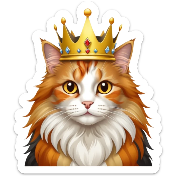 calico maine coon cat with orange, black and white patches wearing a golden crown sticker