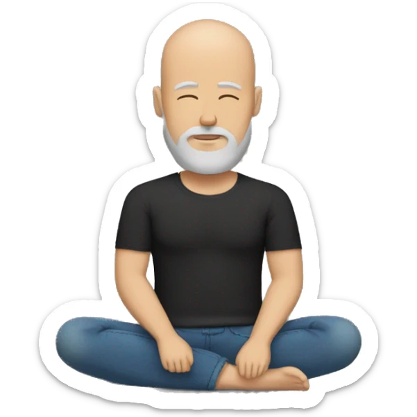 Emoji of bald and brown/grey bearded white man meditating in black tshirt and blue jeans sticker
