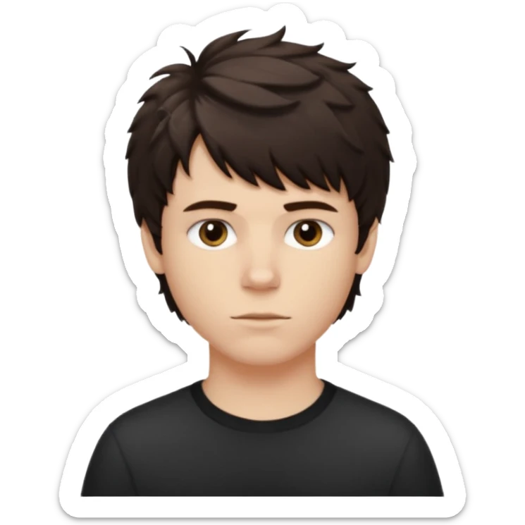 À emoji that don’t smile Dark brown thick hair, medium-length textured top with loose natural waves, short tapered sides, soft messy fringe, natural volume(No long hair it like a side part with a lot of wave and texture ) the guy is white and it’s a boy sticker