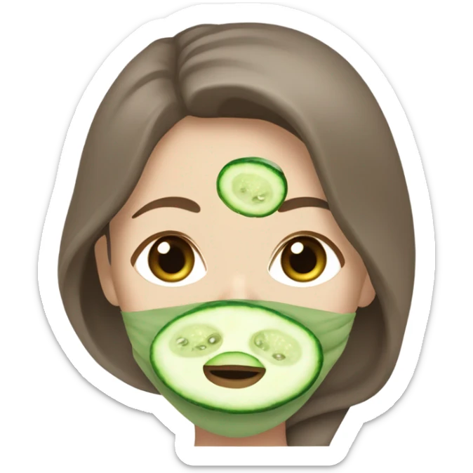 White girl with Brown hair and blue eyes wears a Green colored clay mask and puts on cucumbers around her eyes while She relaxes in her white Robe sticker