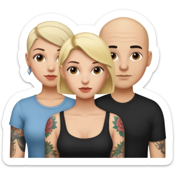 throuple blonde female brunette female with tattoed bald male sticker