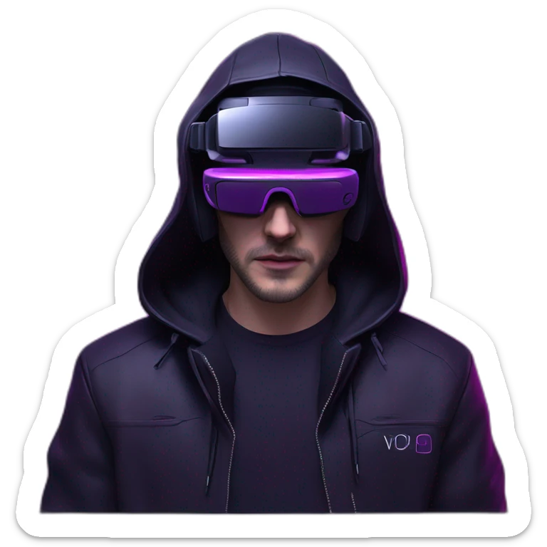 John Snow wearing a black hoodie with "OMG" letters on it and VR headset in a cyberpunk VR environment with violet neon lighting. sticker