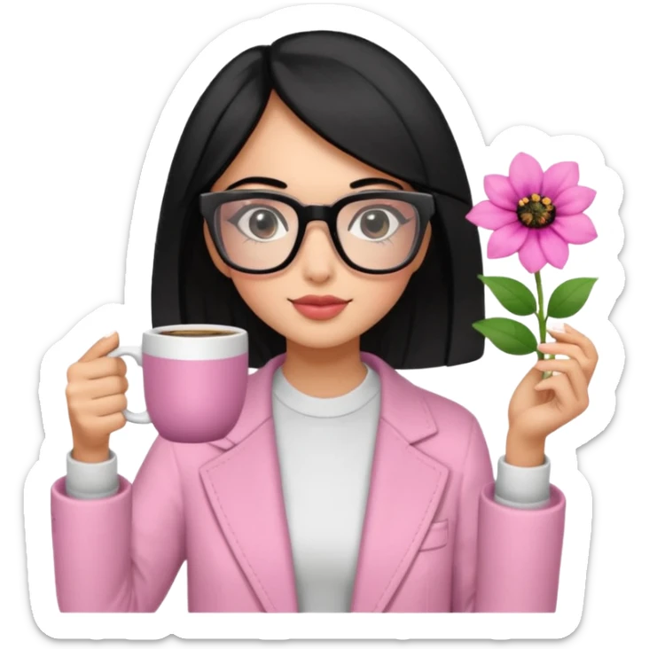 Chica de pelo negro ojos negros y piel morena con lentes oversize square con ropa bonita m pantallas pequenas de cristal , en la mano derecha una taza de cafe en color rosa con una flor negra de diseno. Sentada mirando la television. sticker