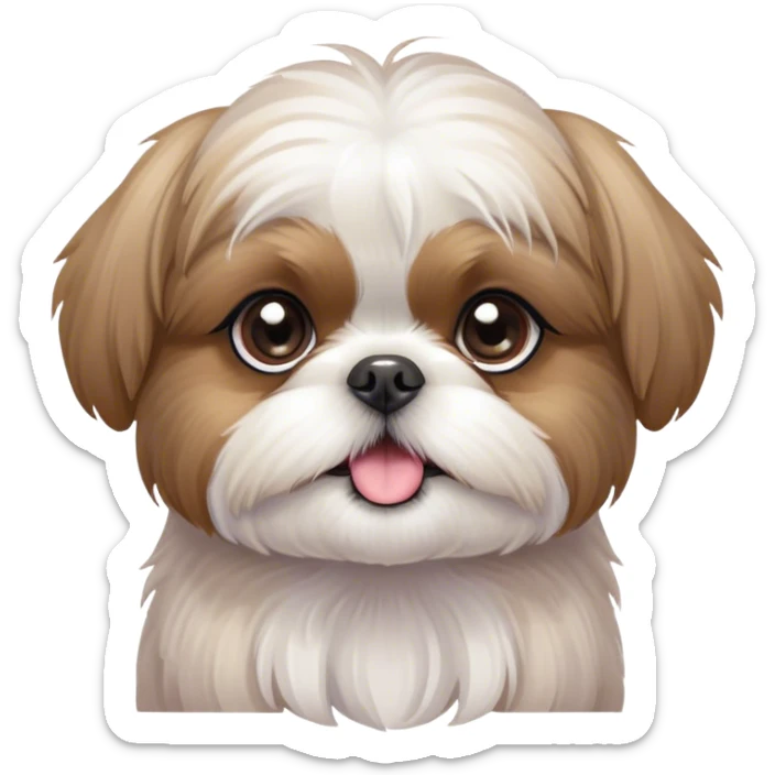 Cinematic Cute Shih Tzu Portrait Emoji, Head playfully tilted with large, sparkling eyes and a fluffy, endearing fur in gentle, pastel tones, simplified yet irresistibly charming, highly detailed, glowing with a warm, cuddly radiance, high shine, radiating affectionate and joyful energy, styled with a soft, playful outline, capturing the essence of a cute Shih Tzu that seems destined to charm everyone in its path! sticker