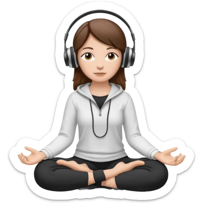 White girl, brown hair meditating with headphones on and black and white clothes sticker