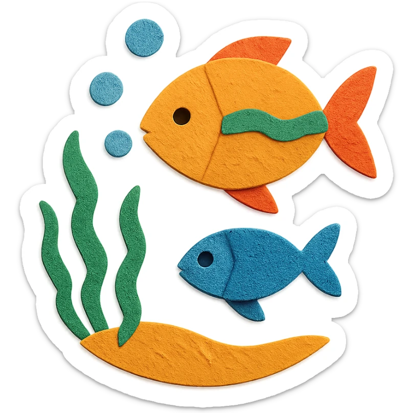 underwater ocean scene with fish, seaweed, and bubbles in vibrant colors in paper-craft style sticker