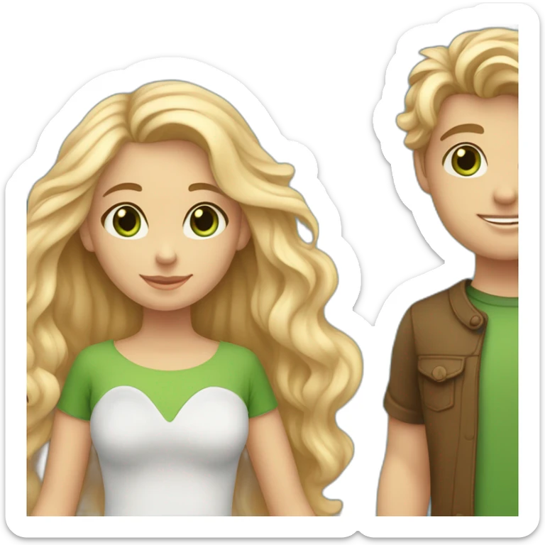 “blonde girl with tan skin and blue eyes” holding hands with “tan boy with long curly brown hair and green eyes” sticker