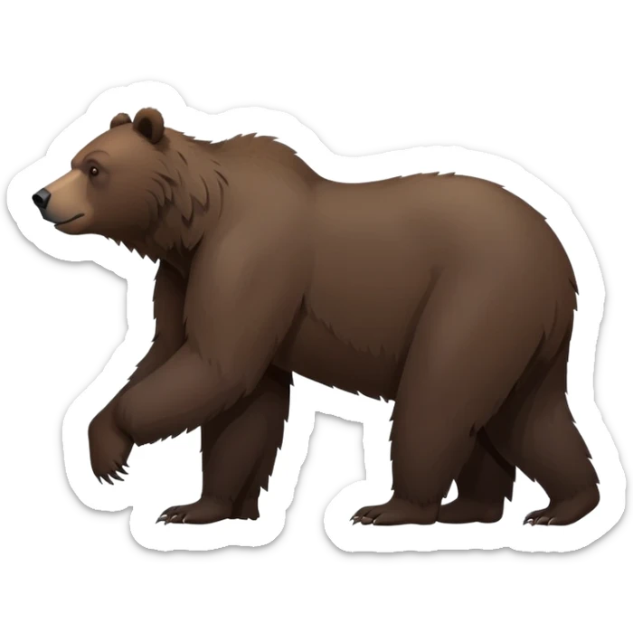 Realistic dark brown grizzly bear on all four legs, minimalist style, natural pose, side view, darker fur sticker