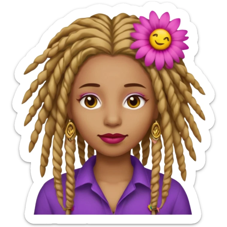 Gold dread locs pink emoji face purple flower in the hair red lipstick light brown face   sticker