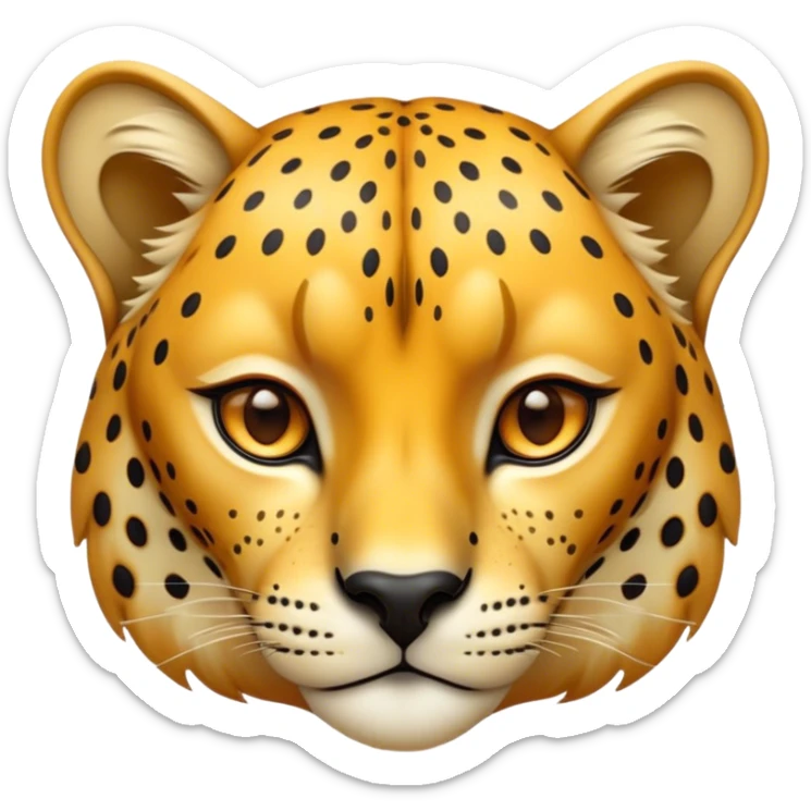 Cinematic Noble Cheetah Portrait Emoji, Poised and regal, with a lean, muscular build and a sleek, spotted Fur of golden hues, deep-set soulful amber eyes, Simplified yet sharp and sophisticated features, highly detailed, glowing with a warm, dignified glow, high shine, intelligent and swift, stylized with an air of wild elegance, focused and attentive, soft glowing outline, capturing the essence of a watchful and confident predator, so majestic it feels as though it could sprint out of the screen with effortless authority! sticker