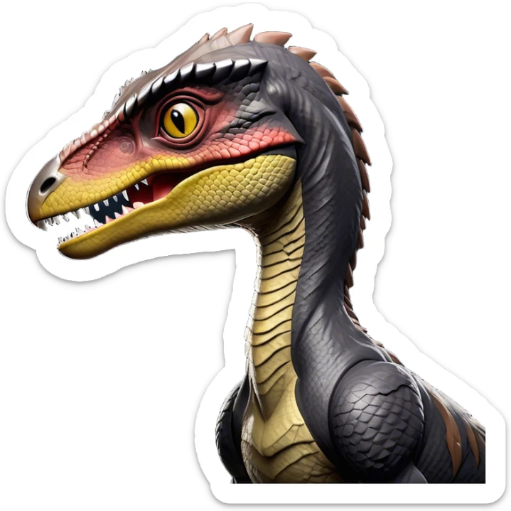 Cinematic Noble jurassic park Velociraptor Portrait Emoji, Poised and menacing, with a sleek, muscular build clad in dark, scaly skin reminiscent of jurassic park Park’s iconic raptor, a sharply curved snout and piercing, intelligent eyes that exude predatory cunning, Simplified yet boldly defined features, highly detailed, glowing with a cool, ominous radiance, high shine, intelligent and relentless, stylized with an air of cinematic prehistoric authority, focused and alert, soft glowing outline, capturing the essence of a watchful and confident jurassic park Velociraptor that appears ready to dash out of the screen with effortless power! sticker