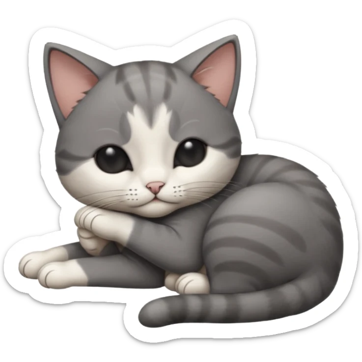 dark grey and white small cat with his eyes closed, leaning his head on his paw while leaning on his elbow lying down sticker