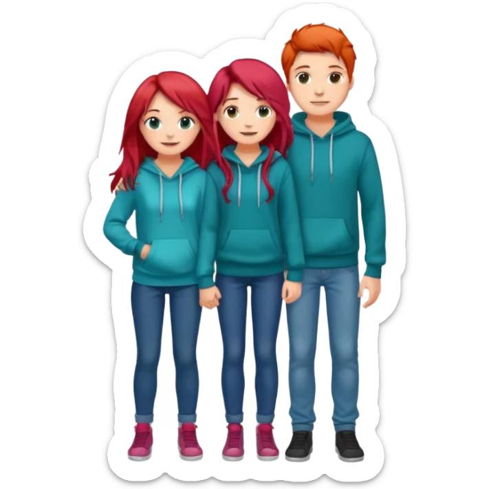 full-length happy couple, girl with long teal hair and brown eyes in colorful sweater, boy with red hair in jeans and hoodie sticker