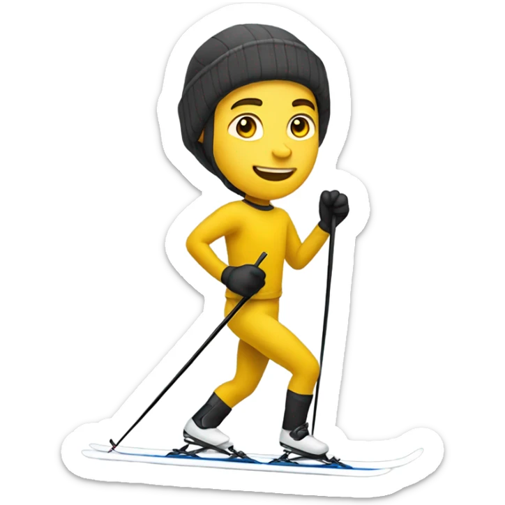 A white man in leggings and a yellow top cross country skiing sticker