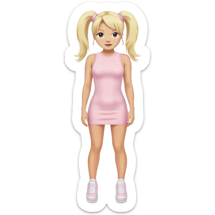 Emma Bunton with long blonde ponytails wearing light pink bodycon dress with white platform sneakers sticker