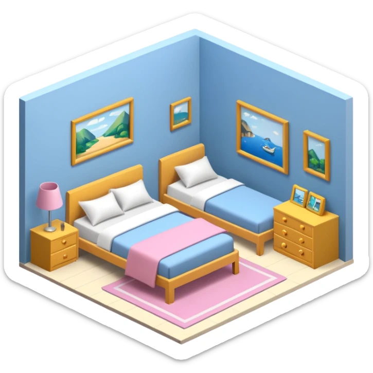 13 year old girls ultra realistic, ultra detailed large 3D view of bedroom, interior isometric sticker