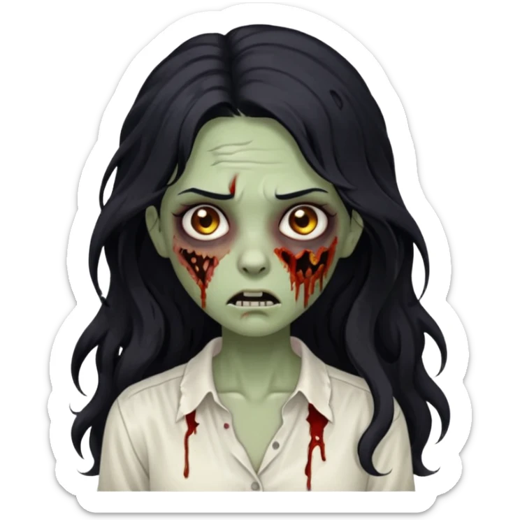 garota zumbi com cabelo preto ondulado longo blusa branca sem botões, lisa a blusa sticker
