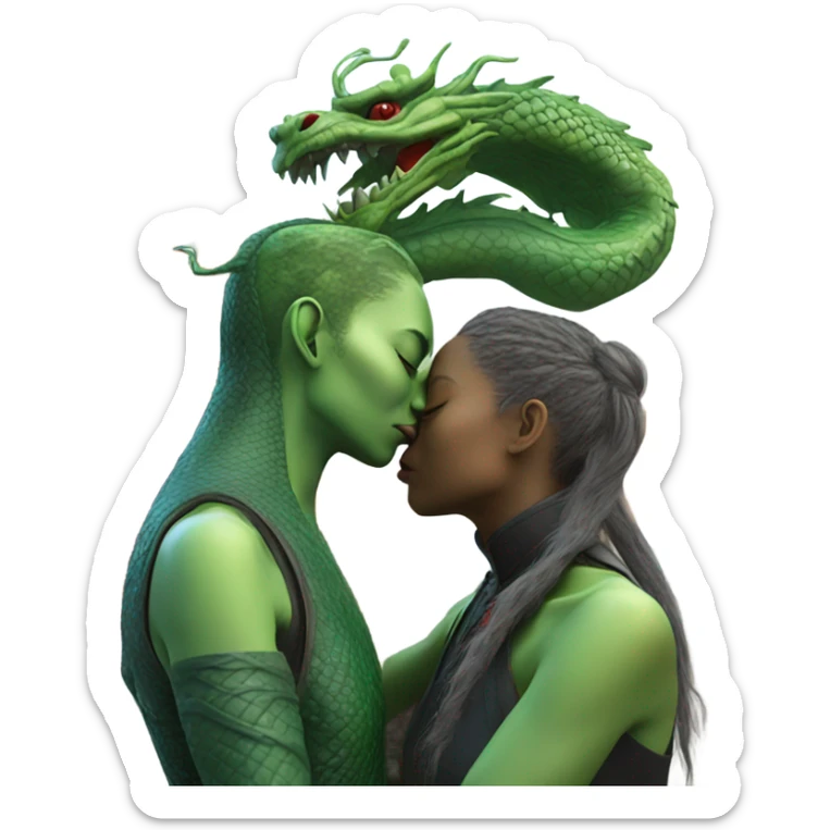 Photo realistic, alien female green, kissing and embracing china dragon sticker