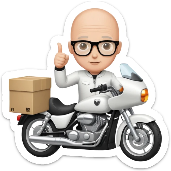 Homem careca de óculos com armação de cor preta, mostrando o dedo polegar, em cima de uma motocicleta de cor branca e com um baú caixa na cor branca. sticker