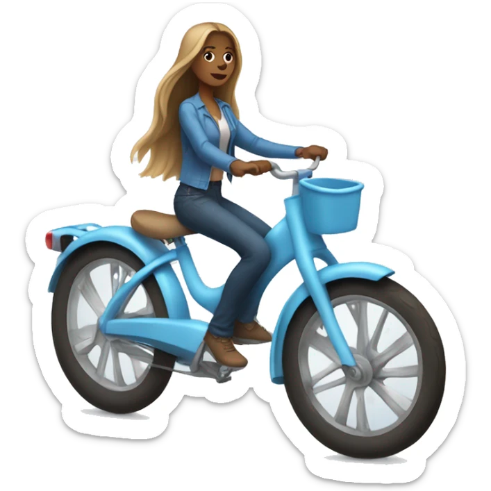 Girl riding baby blue bike, she has light brown long hair sticker