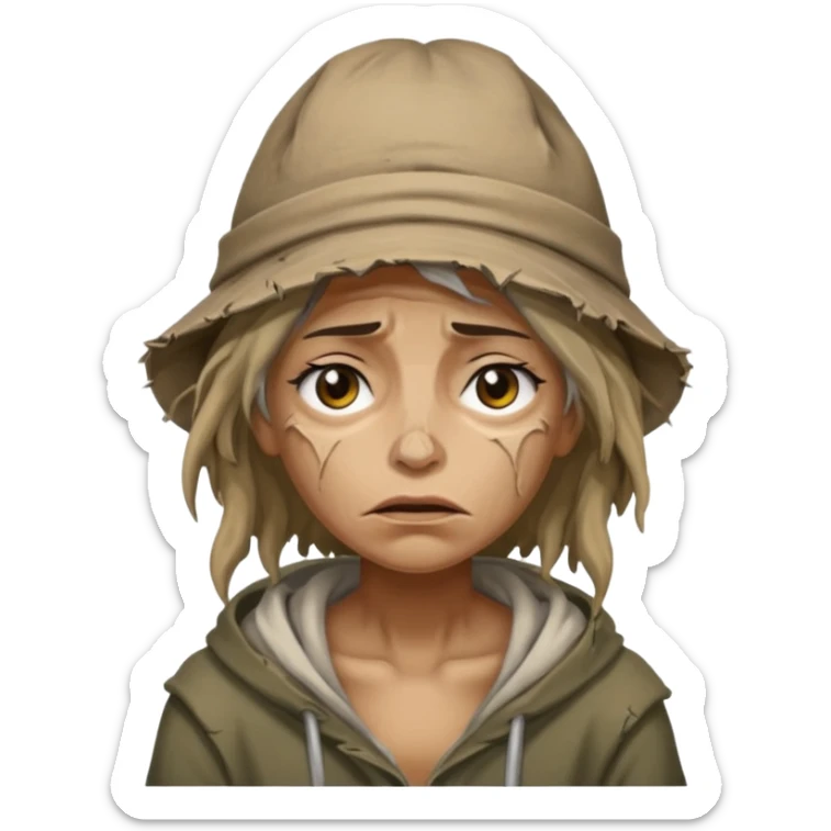 very dirty looking homeless woman with ripped hat with ugly hair sticker