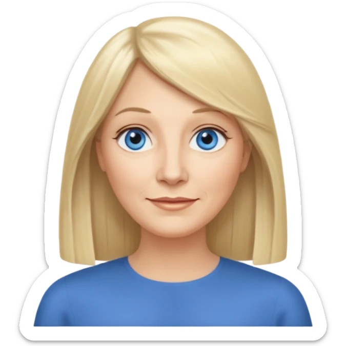 50 yr old white woman, curtain bangs, very long straight blond hair, oval face, small smile, blue eyes, thin face, hair downback, hair parted at center of head, round cheeks, pale, longer hair sticker