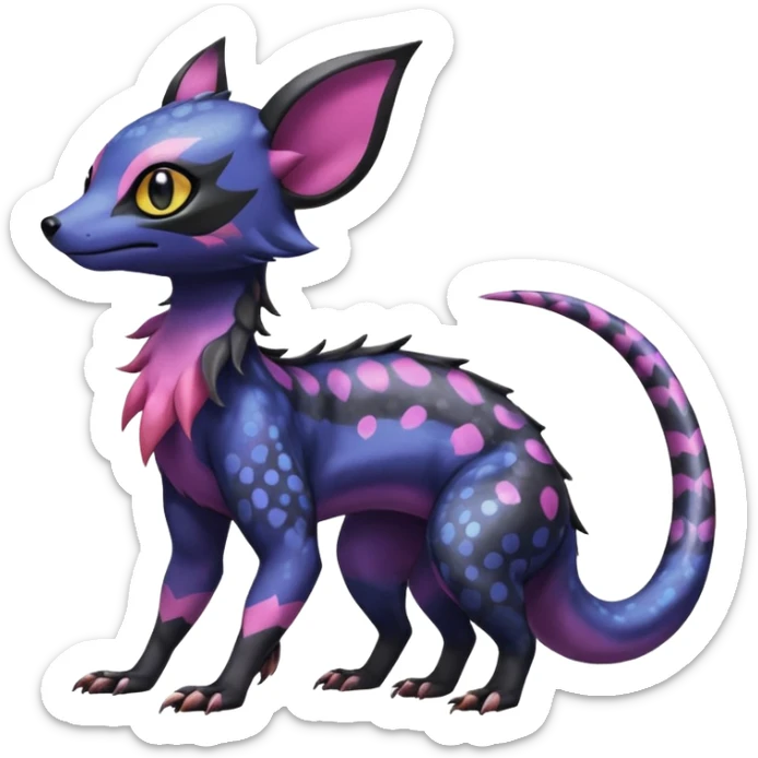 Rare epic aesthetic colorful Salandit-Noibat-Eevee-Civet-species-Fakemon-hybrid-creature, with markings, full body sticker